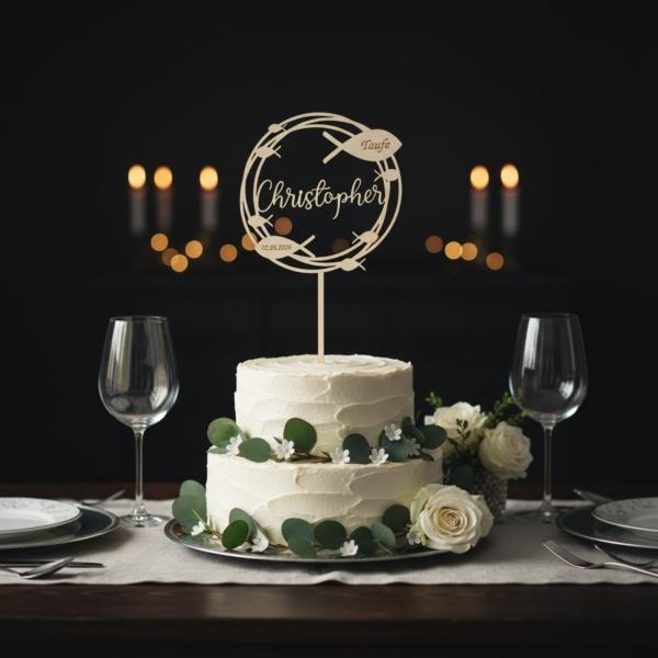Runder Caketopper aus Birkenholz mit personalisiertem Namen, Anlass und Datum